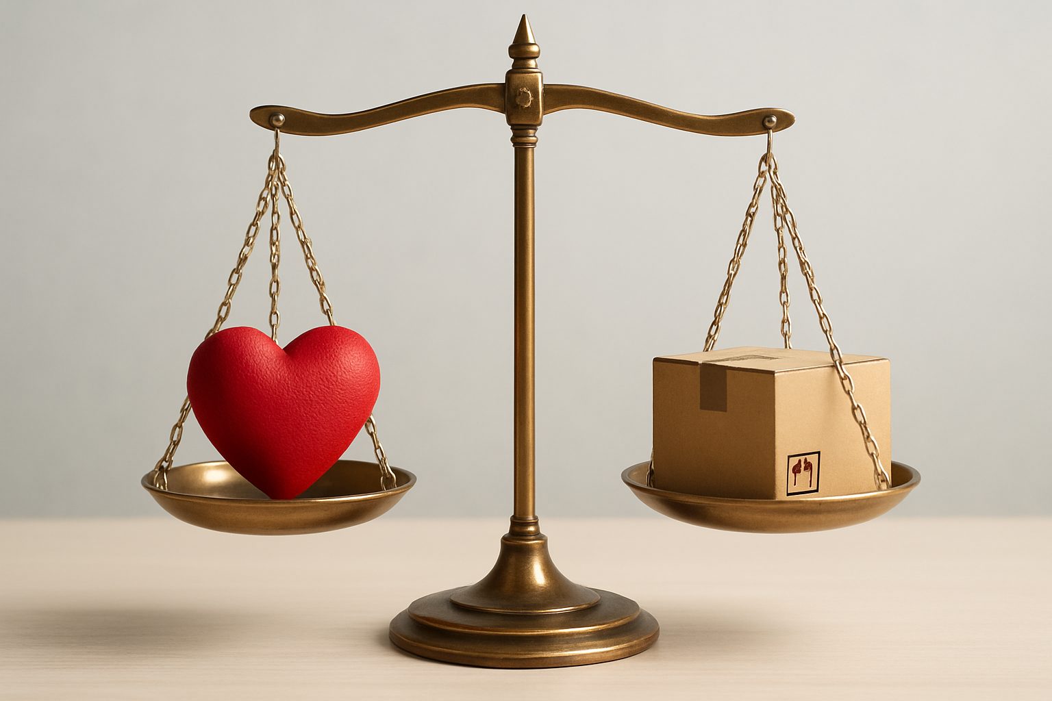 A decorative balance scale with a red heart on one side and a cardboard box on the other, symbolizing emotional and logi