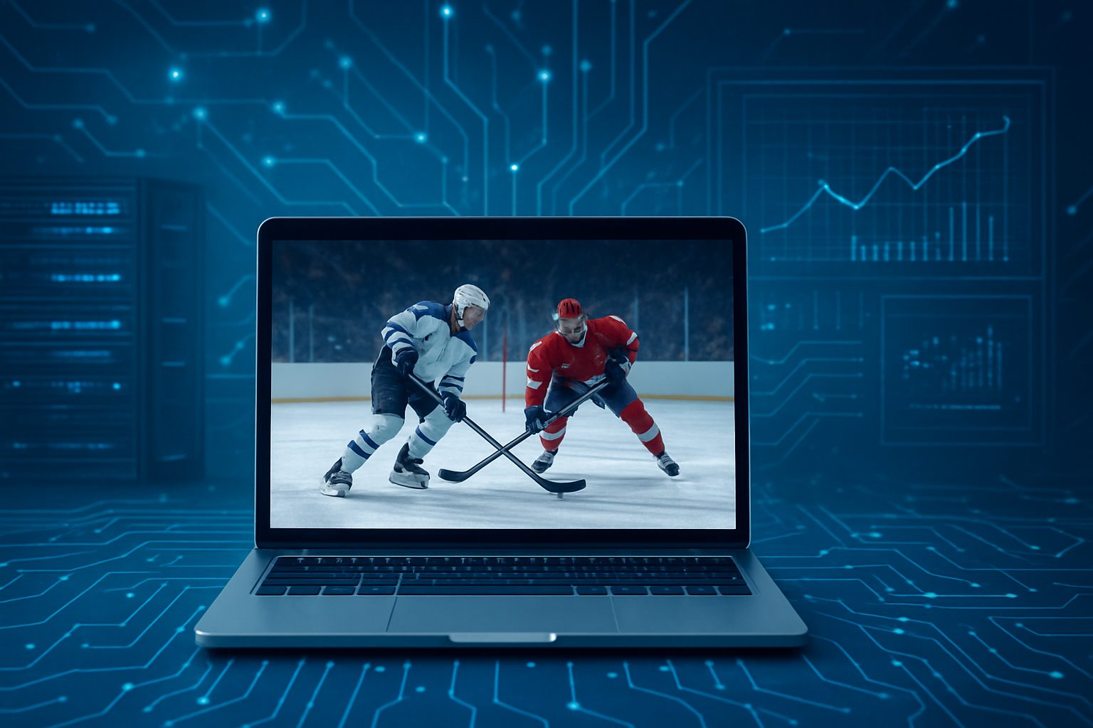 Laptop displaying an ice hockey game on a digital interface with circuits in the background