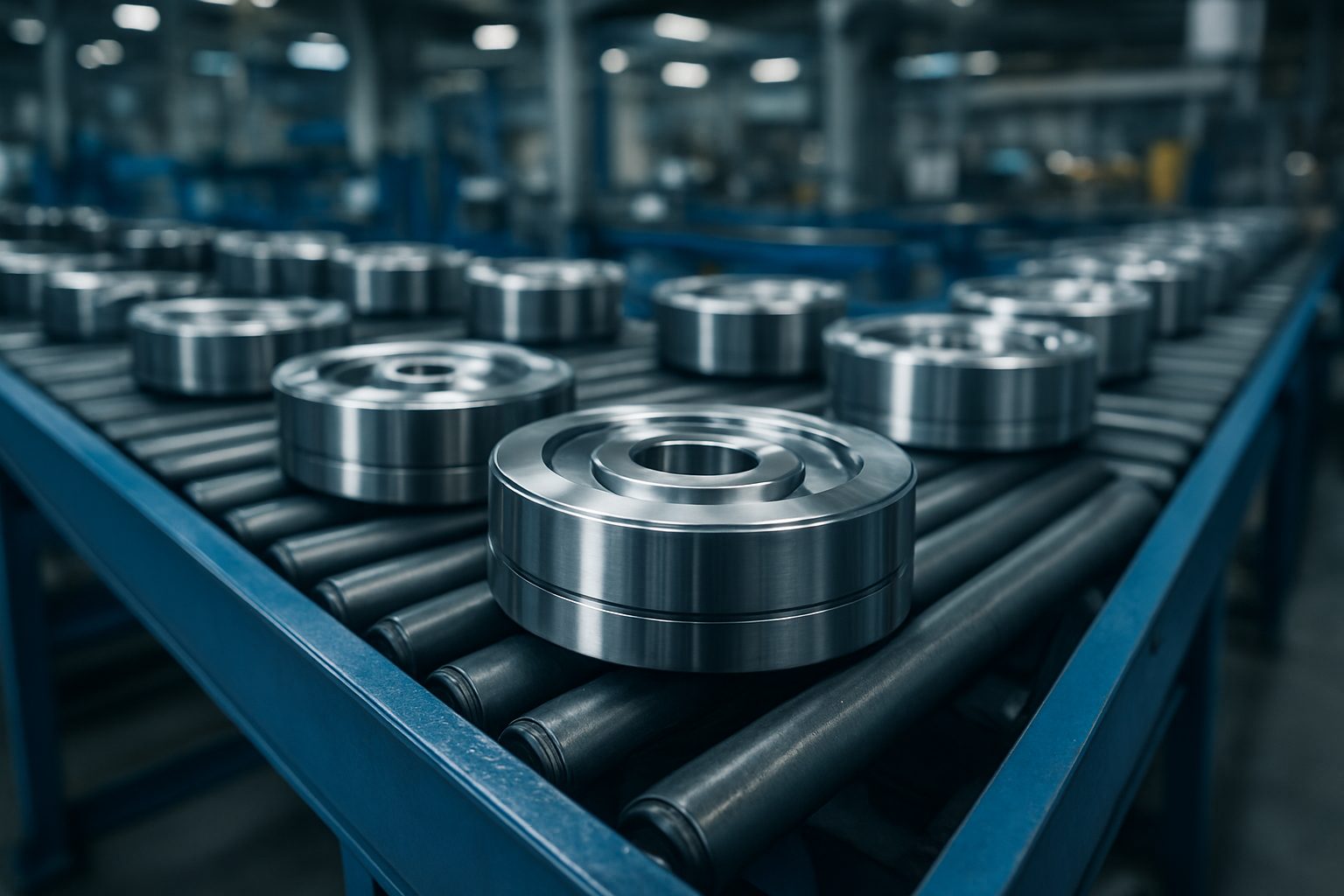 Close-up of metal components on a conveyor belt in a manufacturing facility
