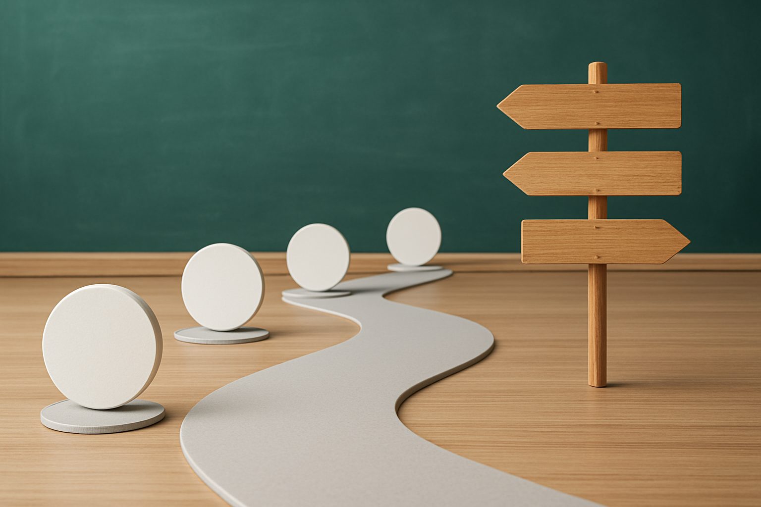 A winding path leading to directional signs on a wooden surface with a chalkboard background.