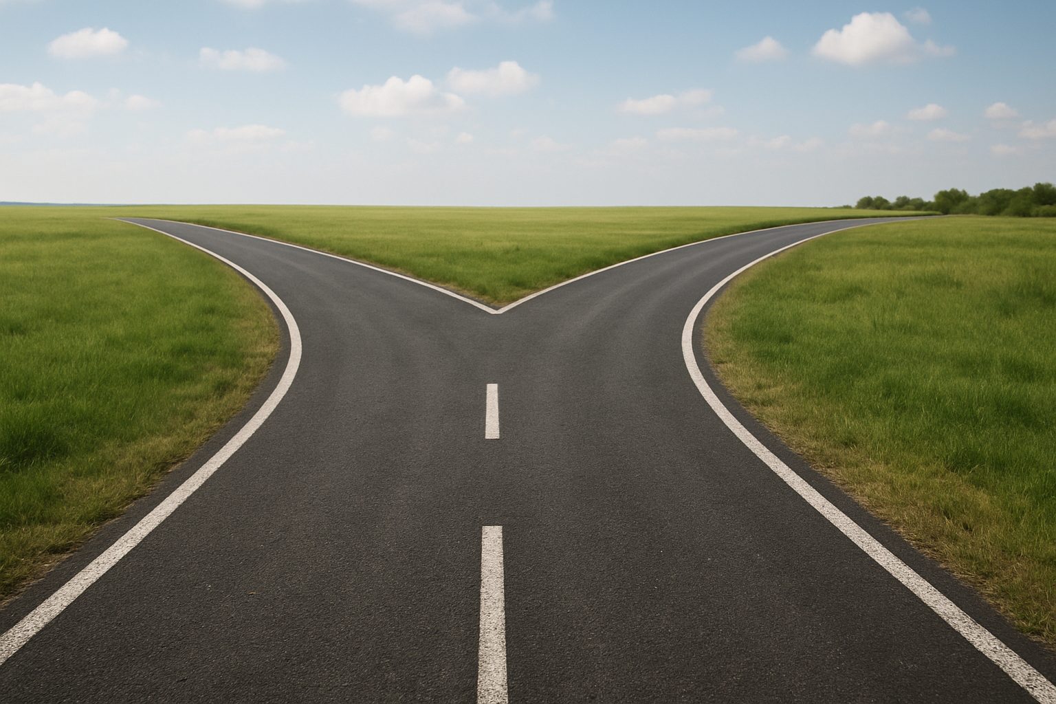 A fork in the road with green grass landscape under a blue sky