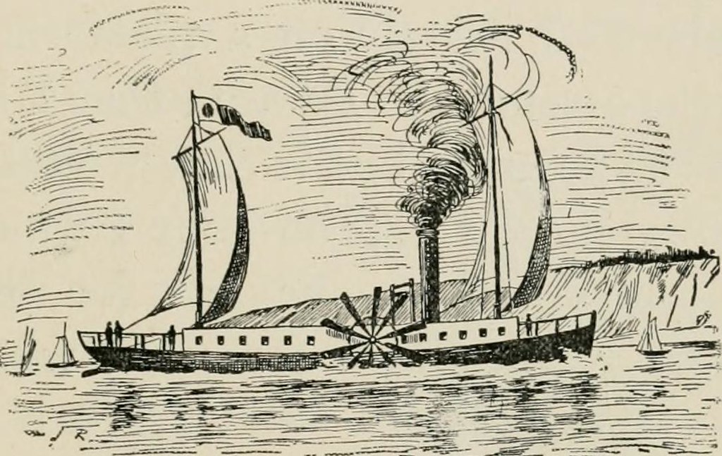 Illustration of a steamship on water